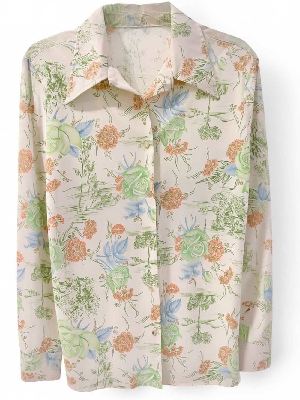 True 70s Vintage Floral Oversized Pointed Collar Polyester Long Sleeve Blouse - Picture 2 of 8